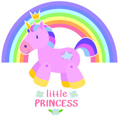 Cute hand drawn cartoon unicorn, baby animal character, little princess. Vector illustration for designing baby clothes, kid print, posters