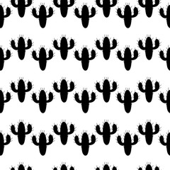 Floral seamless pattern with black cactus silhouette on white background. Cartoon style doodles. Vector illustration for fabric, textile, wallpaper, fabric, textile. Hand drow design.