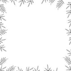 Obraz premium Floral frame with branches on white background. Ornament with tropic leaves. Outline vector stock illustration for wallpaper, posters, card. Doodle style. Copy space.