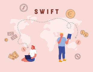 Businessman and Businesswoman Using Gadgets for Money Transfer, Swift, Society Worldwide Interbank Financial Telecommunication, Payment Transaction Service Technology Cartoon Flat Vector Illustration