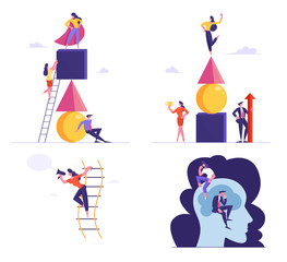 Set of Businesspeople Building Pyramid of Geometric Figures, Leadership, Goal Achievement. Brainstorm Process in Human Head. Characters Isolated on White Background Cartoon Flat Vector Illustration