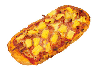 ham and pineapple flat bread pizza isolated on a white background