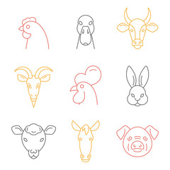 Farm animals, thin line style, flat design.