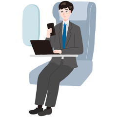 新幹線　飛行機で仕事をするスーツ姿の男性