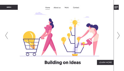 Businesswoman Inventor Growing Idea Tree with Glowing Light Bulbs Website Landing Page. Happy Business Woman Pushing Shopping Cart with Huge Lamp Web Page Banner. Cartoon Flat Vector Illustration
