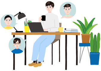 テレワークで会議をする男性