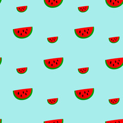 Seamless pattern with watermelon slice on blue background. Summer illustration with colorful cute fruits. Food concept. Vector print for invitation, poster, card, fabric, textile.