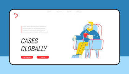 Obraz na płótnie Canvas Flu and Sickness Website Landing Page. Sick Person Have Cold Sit in Armchair Drinking Hot Beverage. Disease Illness Treatment, Health Care Web Page Banner. Cartoon Flat Vector Illustration, Line Art