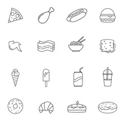 Collection of icons representing fast food, junk food, unhealthy eating. Thin lines style. Modern outline style icons collection. Perfect vector graphics