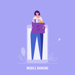 Successful woman puts money on wallet with coins and credit card. Concept of banking, e-wallet, deposit, cash back. Vector illustration in flat design for UI, web banner, mobile app