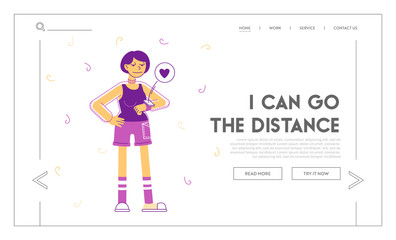 Fitness Workout Session Website Landing Page. Girl Using Smart Watch to Monitor her Performance. Woman Looking on Smartwatch Heart Beating Web Page Banner. Cartoon Flat Vector Illustration, Line Art