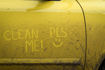 Write words inscription text clean me very dirty surface car. Concept car wash.
