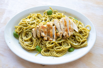 Pasta with Grilled Chicken and Basil Pesto Sauce