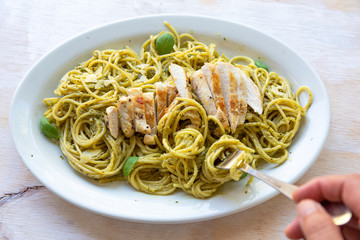 Pasta with Grilled Chicken and Basil Pesto Sauce