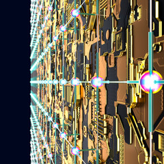 Circuit board futuristic server code processing. Angled view multicolor technology black background. 3d