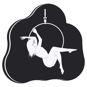 Aerial Aerobics With A Ring - White Silhouette Of A Lady On A Black Background - Isolated - Vector. Female Acrobatics. Fitness Yoga.