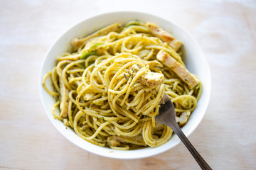 Pasta with Grilled Chicken and Basil Pesto Sauce