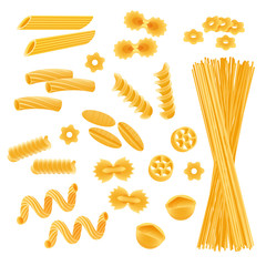 Pasta set isolated on white, different kinds of macaroni and spaghetti uncooked, vector illustration. Various types of pasta, ingredient of Italian cuisine. Farfalle, fusilli, penne and rotelle