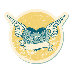 distressed sticker tattoo style icon of a flying heart with flowers and banner