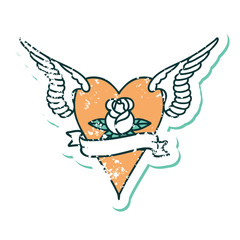 distressed sticker tattoo style icon of a flying heart with flowers and banner