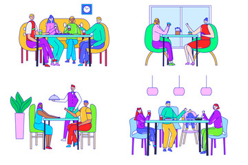 People in cafe, friends in restaurant, cartoon characters in flat line art style, vector illustration. Happy family together in restaurant, couple on romantic date. Friends meeting, isolated set