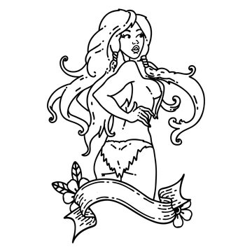 black line tattoo of a pinup viking girl with banner
