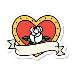 tattoo style sticker of a heart rose and banner