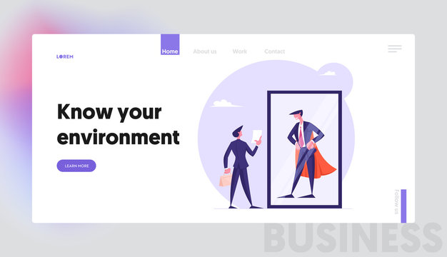 Employee Dream to be Wealthy Businessman Website Landing Page. Usual Office Manager Look at Successful Business Man in Super Hero Cape in Mirror Web Page Banner. Cartoon Flat Vector Illustration