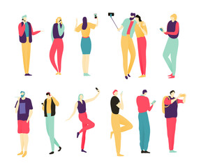 People with smartphone, men and women using mobile phone, isolated cartoon characters, vector illustration. Girl talking on phone, tourist taking picture, couple taking selfie. Set of different people