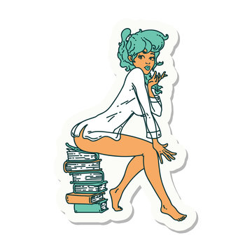 tattoo sticker of a pinup girl sitting on books