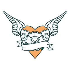 tattoo style icon of a heart with wings flowers and banner