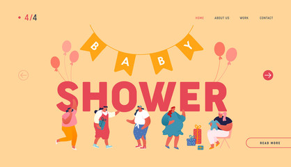 Baby Shower Celebration Website Landing Page. Characters Visit Pregnant Woman in Room Decorated with Balloons and Garlands Giving Presents to Pregnant Web Page Banner. Cartoon Flat Vector Illustration
