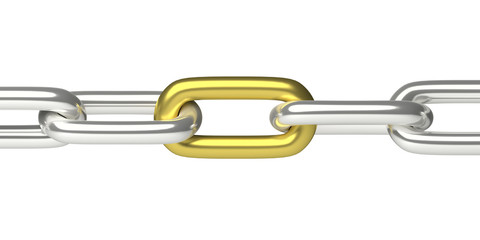 Chain with one gold link isolated on white background. 3d illustration