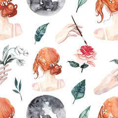 Fototapete Gotisch Nahtloses Muster mit Aquarell Mond, rothaarigem Mädchen, Rosen und Blättern. Aquarell mystischer Künstlerhintergrund