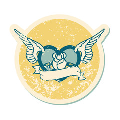 distressed sticker tattoo style icon of a flying heart with flowers and banner