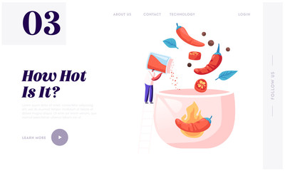 Hot Spicy Food Website Landing Page. Tiny Man Stand on Ladder Cooking Delicious Meal with Red Chili Pepper and Peppercorns Ingredients, Spicy Dish Web Page Banner. Cartoon Flat Vector Illustration