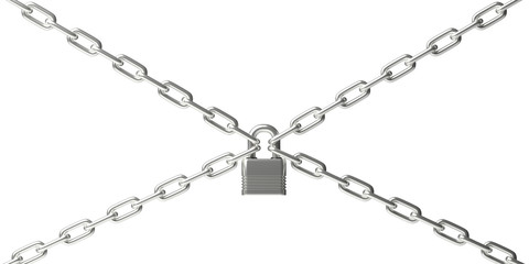 Padlock closed on four chains isolated against white background. 3d illustration