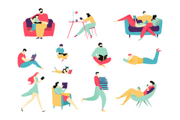 People reading books, flat cartoon characters set, isolated on white, vector illustration. Man and woman read book, people in different poses, father and daughter together. Leisure hobby isolated set