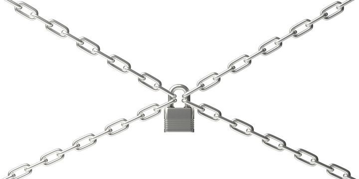 Padlock closed on four chains isolated against white background. 3d illustration