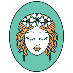 tattoo style icon of a maiden with eyes closed
