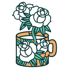 tattoo style icon of a cup and flowers