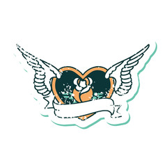 distressed sticker tattoo style icon of a flying heart with flowers and banner
