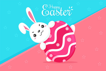 Vector cartoon little bunny hugs pink eggs that is beautifully painted at Easter.