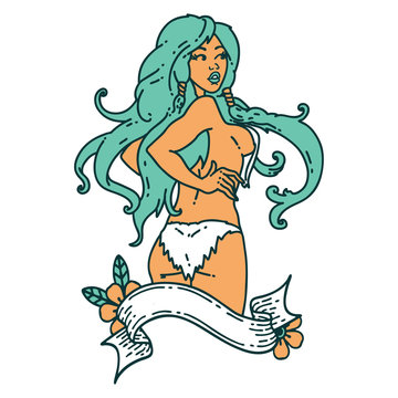 tattoo style icon of a pinup viking girl with banner