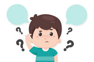 Vector cartoon boy with question marks all around deciding to make something