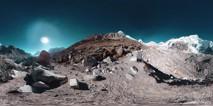 360 vr of the Everest Base camp at Khumbu glacier. Khumbu valley, Sagarmatha national park, Nepal of the Himalayas. EBC track route near Gorak Shep.