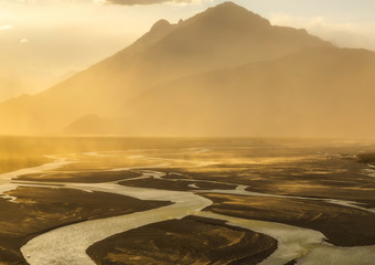 Landscape of Sand Storm in Nubra Valley during evening in Ladakh 