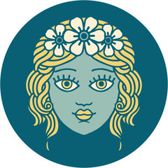 tattoo style icon of female face with crown of flowers