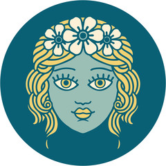 tattoo style icon of female face with crown of flowers
