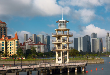 observation deck a stylized lighthouse on a river channel in Singapore